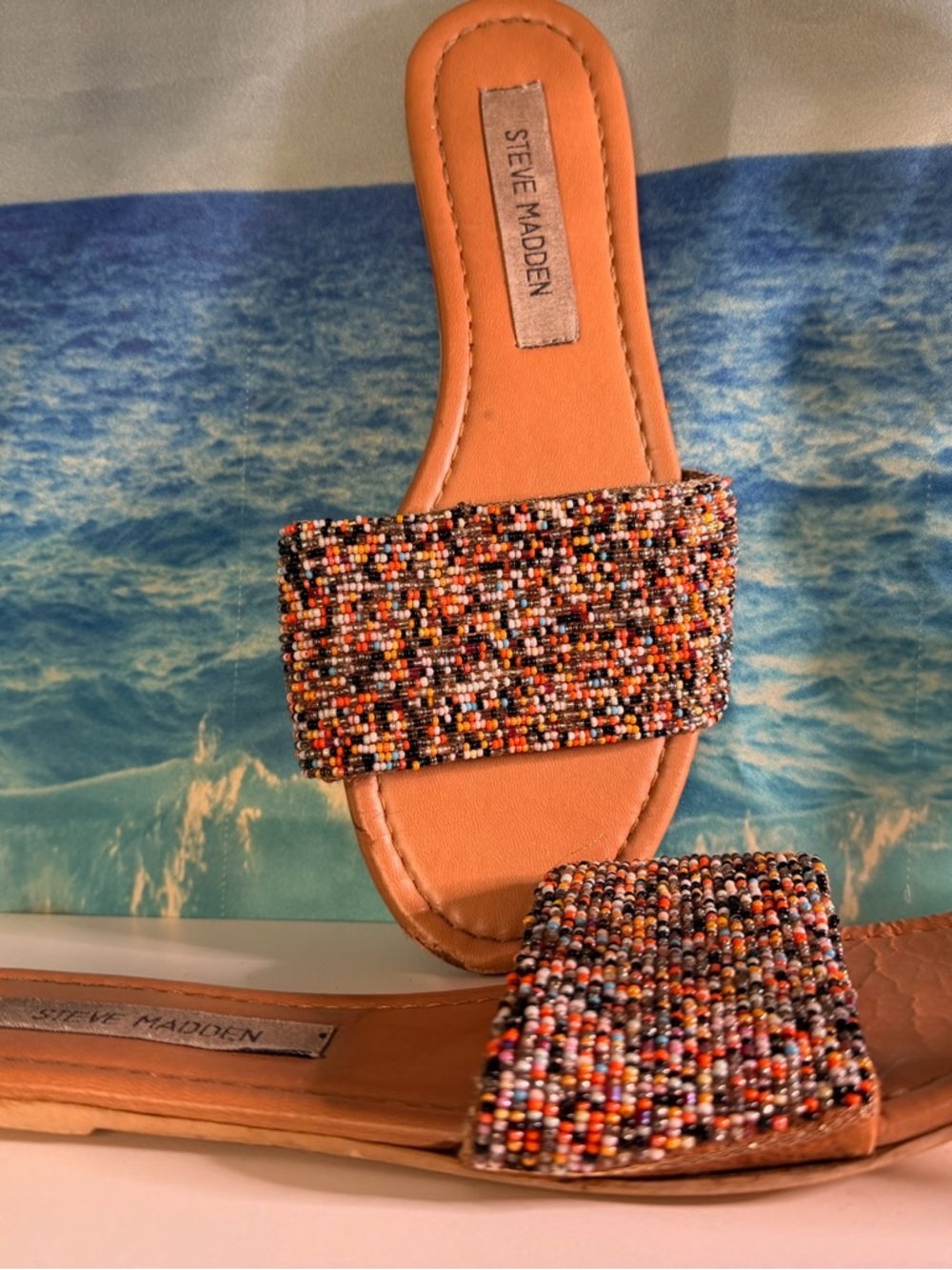 Steve Madden Tan Leather Slides with Multicolored Beaded Single Strap